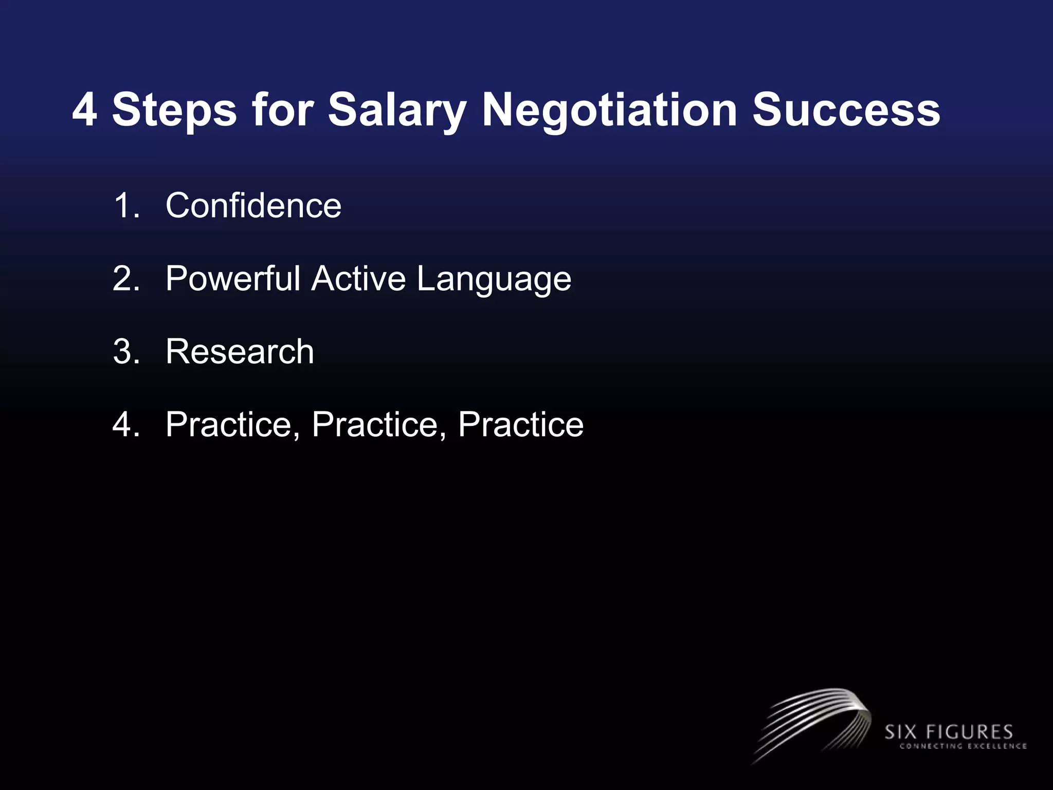 4 Steps for Salary Negotiation Success Confidence Powerful Active Language Research  Practice, Practice, Practice 