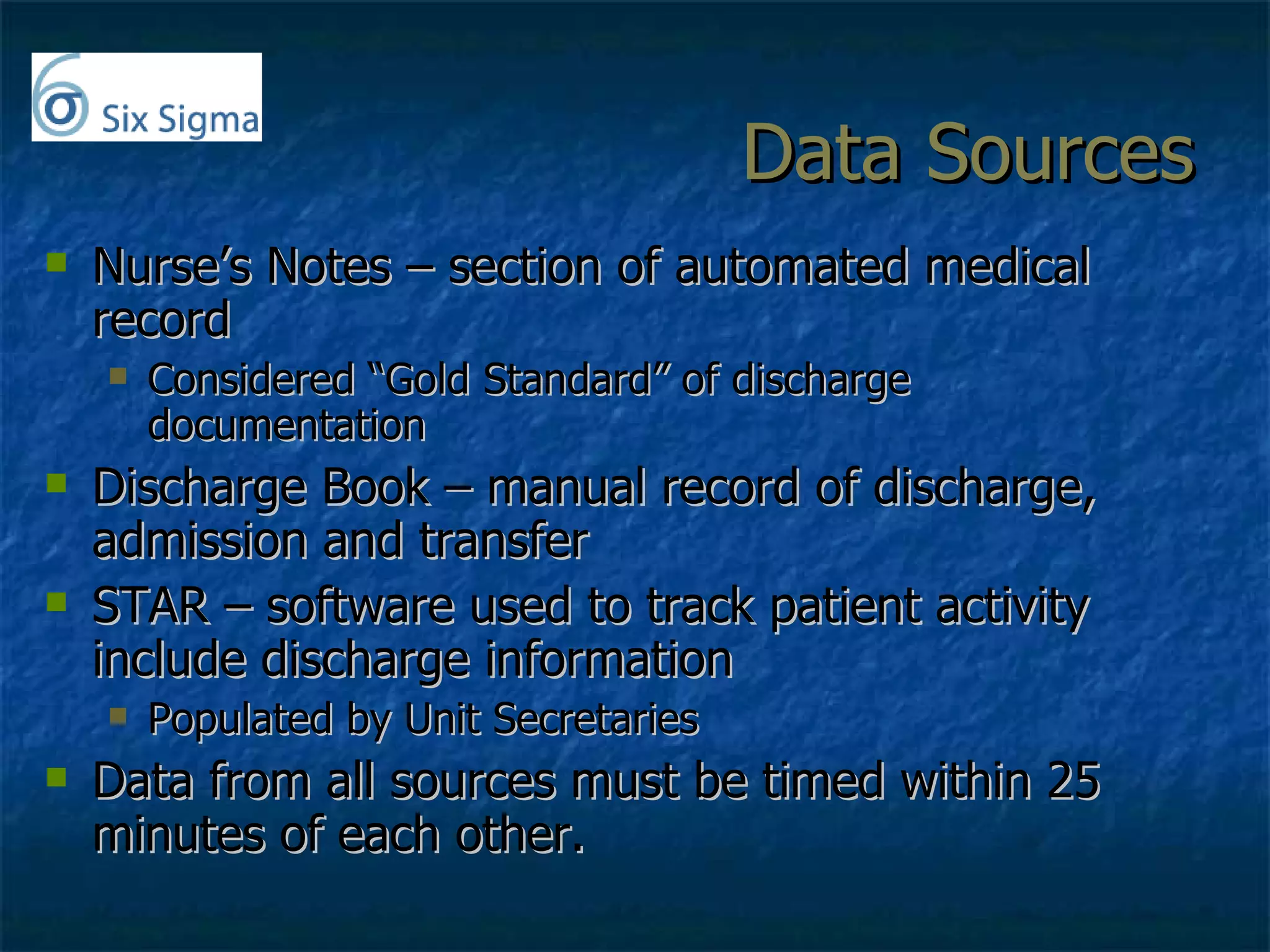 Data Sources Nurse’s Notes – section of automated medical record Considered “Gold Standard” of discharge documentation Discharge Book – manual record of discharge, admission and transfer STAR – software used to track patient activity include discharge information Populated by Unit Secretaries Data from all sources must be timed within 25 minutes of each other. 