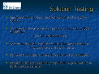 Solution Testing Implemented solutions and collected data for 6 week period  Repeated test for accurate sample size to achieve 95% confidence (n=215, collected 450) Determined which variables caused the most variation (Nurse’s Notes and STAR Times) Repeated Chi Square analysis on pre and post samples Results revealed statistically significant improvements at 95% confidence level 