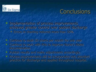 Conclusions Implementation of process improvements achieved greater control over patient discharge Errors in charting reduced more than 50% Continue to audit 50 charts per month for one year Continue to work with RNs to improve Nurse’s Notes documentation Publish results and make adjustments accordingly. Process improvements will be incorporated into standard practice for discharge and applied throughout hospital. 