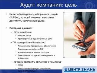 Аудит компании: цель Цель:   сформировать набор компетенций  ( Skill Set ), который позволит компании достигнуть намеченных целей Исходные данные:   Цели компании Миссия,  Vision Краткосрочные и долгосрочные цели Используемые технологии Аппаратное и программное обеспечение Технологии разработки ПО Уровни зрелости инфраструктуры Технологии и продукты, планируемые к внедрению Уровень зрелости процессов в компании CMMi Используемый процесс разработки ( MSF/RUP/SCRUM/ …) 