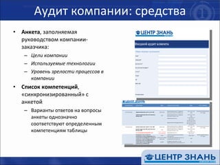 Аудит компании: средства Анкета , заполняемая руководством компании-заказчика: Цели компании  Используемые технологии Уровень зрелости процессов в компании Список компетенций , «синхронизированный» с анкетой Варианты ответов на вопросы анкеты однозначно соответствуют определенным компетенциям таблицы 