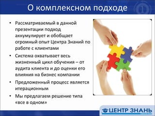 О комплексном подходе Рассматриваемый в данной презентации подход аккумулирует и обобщает огромный опыт Центра Знаний по работе с клиентами Система охватывает весь жизненный цикл обучения – от аудита клиента и до оценки его влияния на бизнес компании Предложенный процесс является итерационным  Мы предлагаем решение типа «все в одном» 