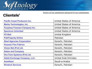 Clientele’ Source of our satisfaction and proof of our commitment. Pacific Coast Producers Inc.  United States of America Marko Technologies, Inc.   United States of America Foxyloxy Foxware Company Inc.   United States of America Spectrum Unlimited   United States of America PC-Rail  United Kingdom PakProperty Online   Pakistan Steel Agencies Corporation   Karachi, Pakistan Hussain Fine Fabrics   Karachi, Pakistan Vision Net (Pvt) Ltd.   Karachi, Pakistan Salam and Company   Karachi, Pakistan Ora-Tech Systems (Pvt) Ltd. Karachi, Pakistan Habib Exchange Company, LLC. United Arab Emirates Assefseer Saudi-a-Arabia Efrotech Services   Karachi, Pakistan 