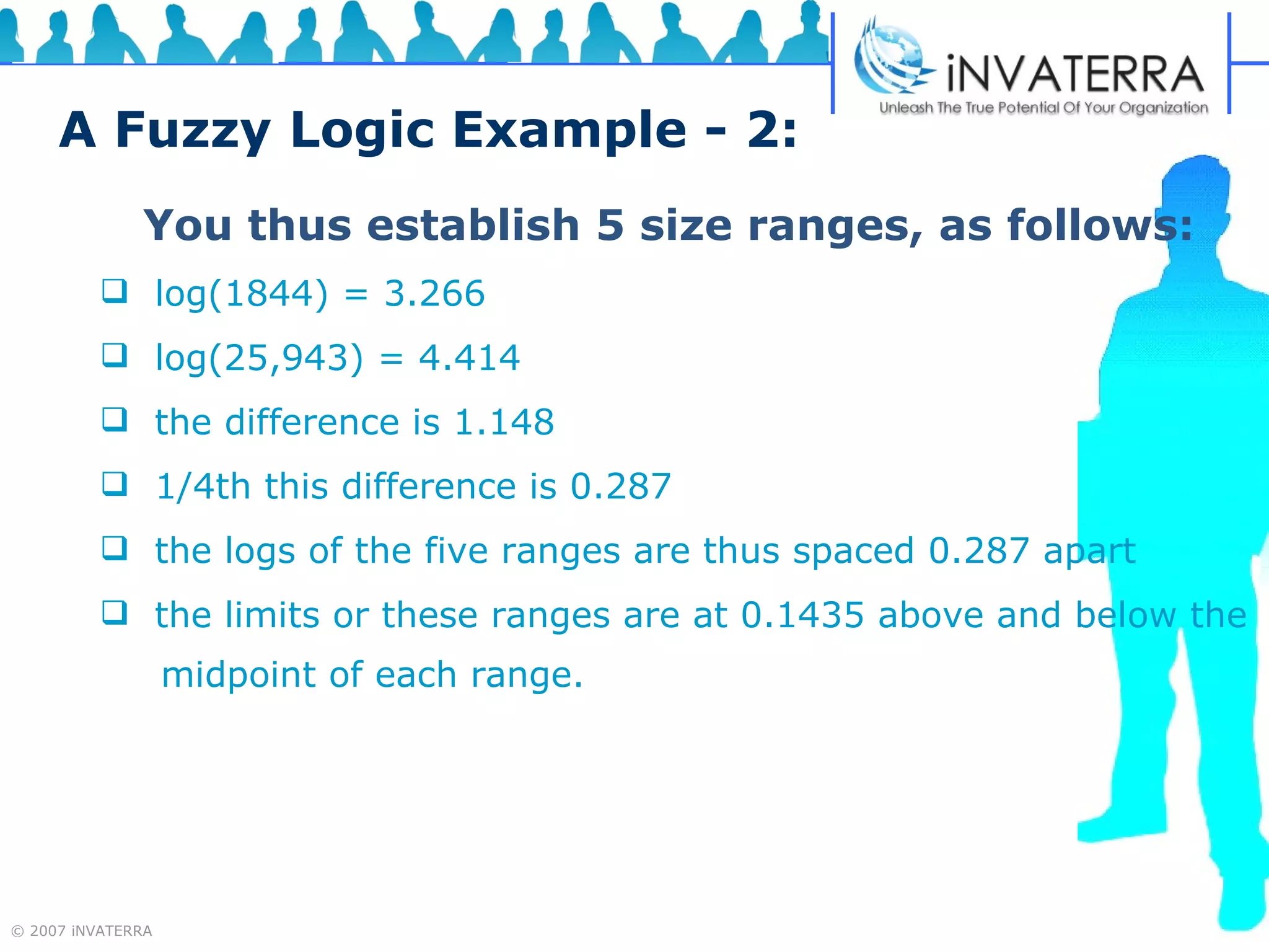 A Fuzzy Logic Example - 2: You thus establish 5 size ranges, as follows: log(1844) = 3.266 log(25,943) = 4.414 the difference is 1.148 1/4th this difference is 0.287 the logs of the five ranges are thus spaced 0.287 apart  the limits or these ranges are at 0.1435 above and below the  midpoint of each range. midpoint of each range. 