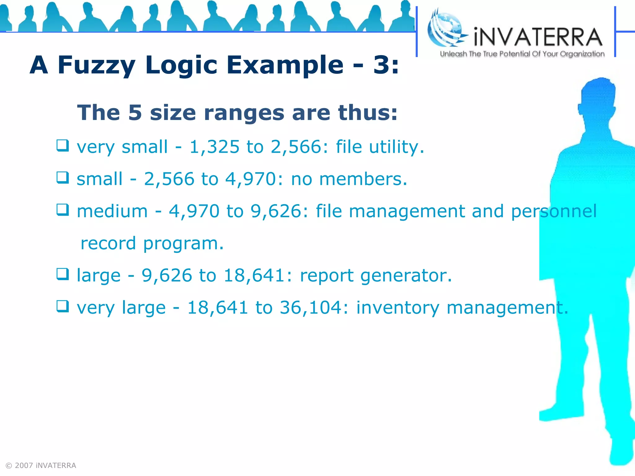 A Fuzzy Logic Example - 3: The 5 size ranges are thus: very small - 1,325 to 2,566: file utility. small - 2,566 to 4,970: no members. medium - 4,970 to 9,626: file management and personnel  record program. large - 9,626 to 18,641: report generator. very large - 18,641 to 36,104: inventory management. 