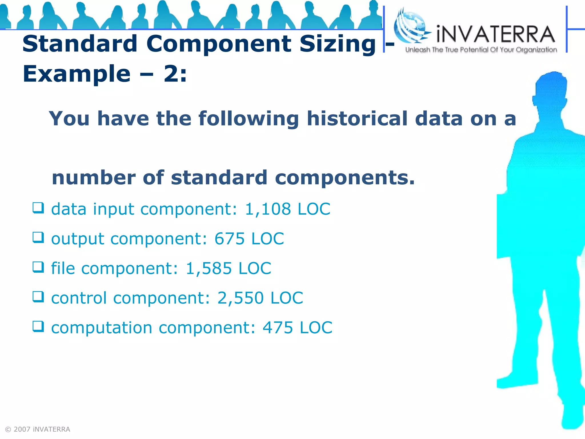 Standard Component Sizing - Example – 2: You have the following historical data on a  number of standard components. data input component: 1,108 LOC output component: 675 LOC file component: 1,585 LOC control component: 2,550 LOC computation component: 475 LOC 