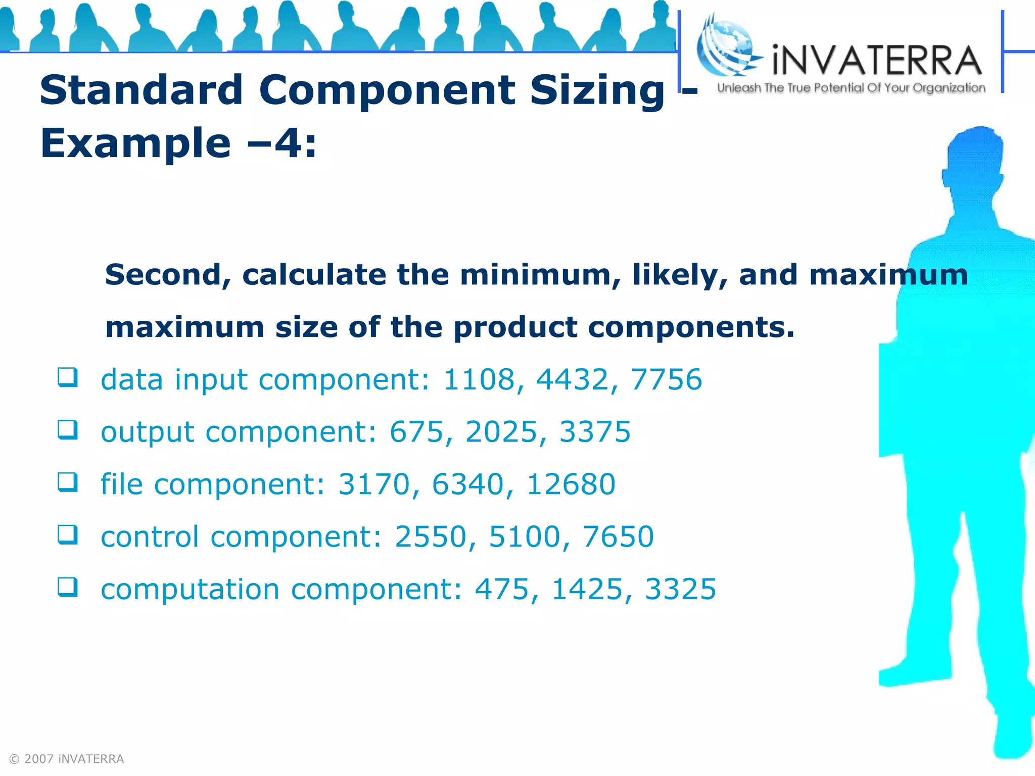 Standard Component Sizing - Example –4: Second, calculate the minimum, likely, and maximum maximum size of the product components.  data input component: 1108, 4432, 7756 output component: 675, 2025, 3375 file component: 3170, 6340, 12680 control component: 2550, 5100, 7650 computation component: 475, 1425, 3325 