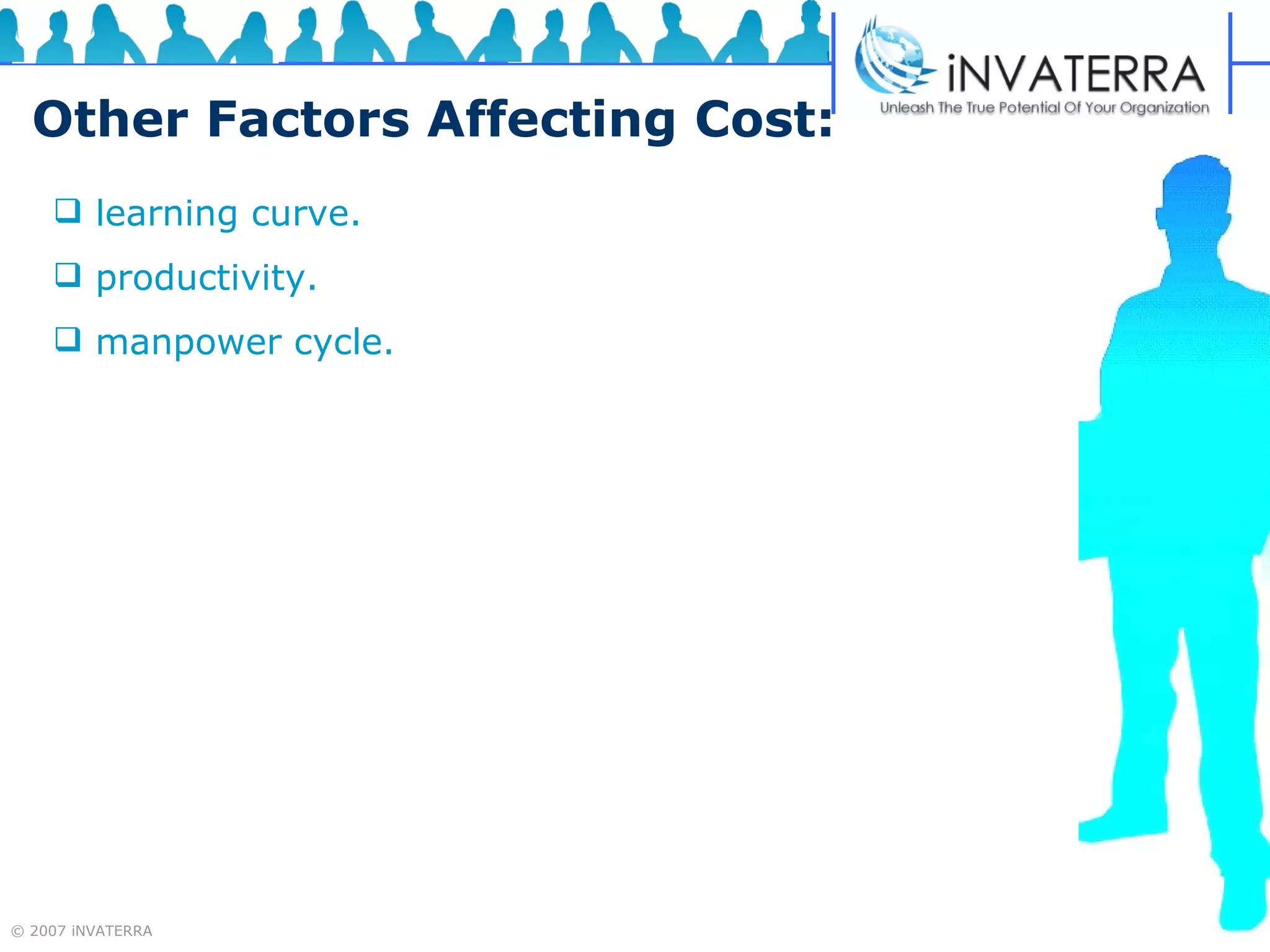 Other Factors Affecting Cost: learning curve.  productivity.  manpower cycle. 