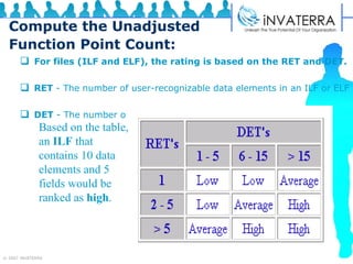 Compute the Unadjusted Function Point Count: For files (ILF and ELF), the rating is based on the RET and DET.   RET  - The number of user-recognizable data elements in an ILF or ELF  DET  - The number of user-recognizable fields.  Based on the table, an  ILF  that contains 10 data elements and 5 fields would be ranked as  high . 