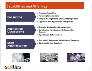 Capabilities and Offerings Consulting Process Consulting New Implementations Project Management, Change Management Upgrades and Application Integration Application Outsourcing Remote Application Administration Application Maintenance & Production Support Application Enhancement Staff Augmentation Top Notch Resources with Domain Expertise Contract to Hire Services 