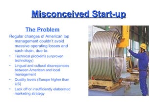 Misconceived Start-up The Problem Regular changes of American top management couldn’t avoid massive operating losses and cash-drain, due to: Technical problems (unproven technology) Lingual and cultural discrepancies between American and local management Quality levels (Europe higher than US) Lack off or insufficiently elaborated marketing strategy 