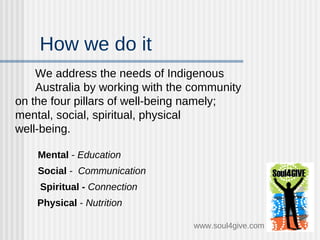   We address the needs of Indigenous  Australia by working with the community  on the four pillars of well-being namely;  mental, social, spiritual, physical  well-being. How we do it Mental  -  Education Social  -  Communication  Physical  -  Nutrition Spiritual -  Connection www.soul4give.com 