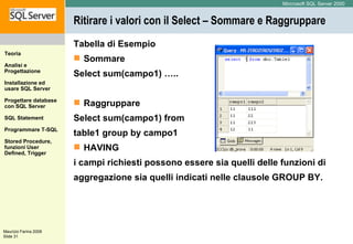 Ritirare i valori con il Select – Sommare e Raggruppare Tabella di Esempio Sommare Select sum(campo1) ….. Raggruppare Select sum(campo1) from table1 group by campo1 HAVING  i campi richiesti possono essere sia quelli delle funzioni di aggregazione sia quelli indicati nelle clausole GROUP BY.  