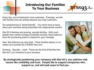 Introducing Our Families  To Your Business Every day, you’re looking for more customers.  Everyday, we talk with families who can quickly become your best customers.   Our programming is “family-friendly”.  You never have to worry about your business being associated with inappropriate content   Star 93.3 listeners are growing, upscale families.  With much greater than market average household incomes, these listeners have the purchasing power to respond to your message   Also, Star listeners are very loyal.  These families believe in our station and consider 93.3 WAKW their own.   Growing…Upscale…Loyal.  These are the kind of families that Star 93.3 can introduce to your business.   By strategically positioning your company with Star 93.3, you address vital issues like credibility and trust.  People like to support companies who support us, and will seek ways to find you. 