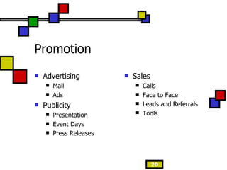 Promotion Advertising Mail Ads Publicity Presentation Event Days Press Releases Sales Calls Face to Face Leads and Referrals Tools 