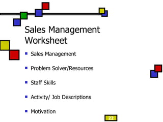 Sales Management Worksheet Sales Management Problem Solver/Resources Staff Skills Activity/ Job Descriptions Motivation 