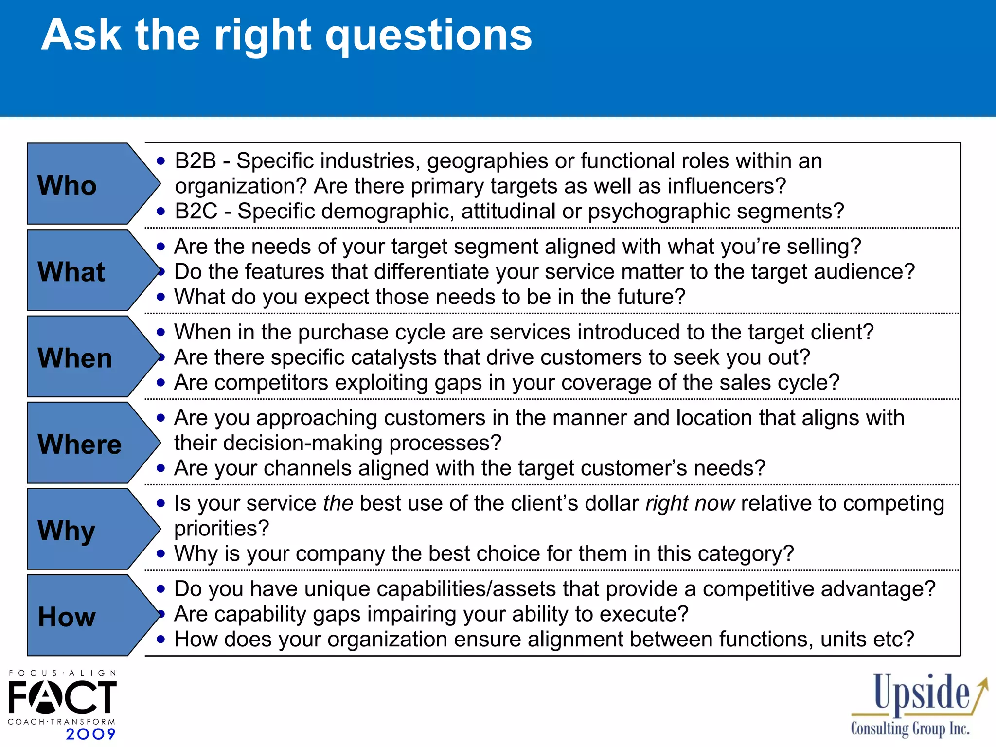 Ask the right questions Who What When Where Why How B2B - Specific industries, geographies or functional roles within an organization? Are there primary targets as well as influencers? B2C - Specific demographic, attitudinal or psychographic segments? Are the needs of your target segment aligned with what you’re selling? Do the features that differentiate your service matter to the target audience? What do you expect those needs to be in the future? When in the purchase cycle are services introduced to the target client? Are there specific catalysts that drive customers to seek you out? Are competitors exploiting gaps in your coverage of the sales cycle? Are you approaching customers in the manner and location that aligns with their decision-making processes?  Are your channels aligned with the target customer’s needs? Is your service  the  best use of the client’s dollar  right now  relative to competing priorities? Why is your company the best choice for them in this category? Do you have unique capabilities/assets that provide a competitive advantage? Are capability gaps impairing your ability to execute? How does your organization ensure alignment between functions, units etc? 