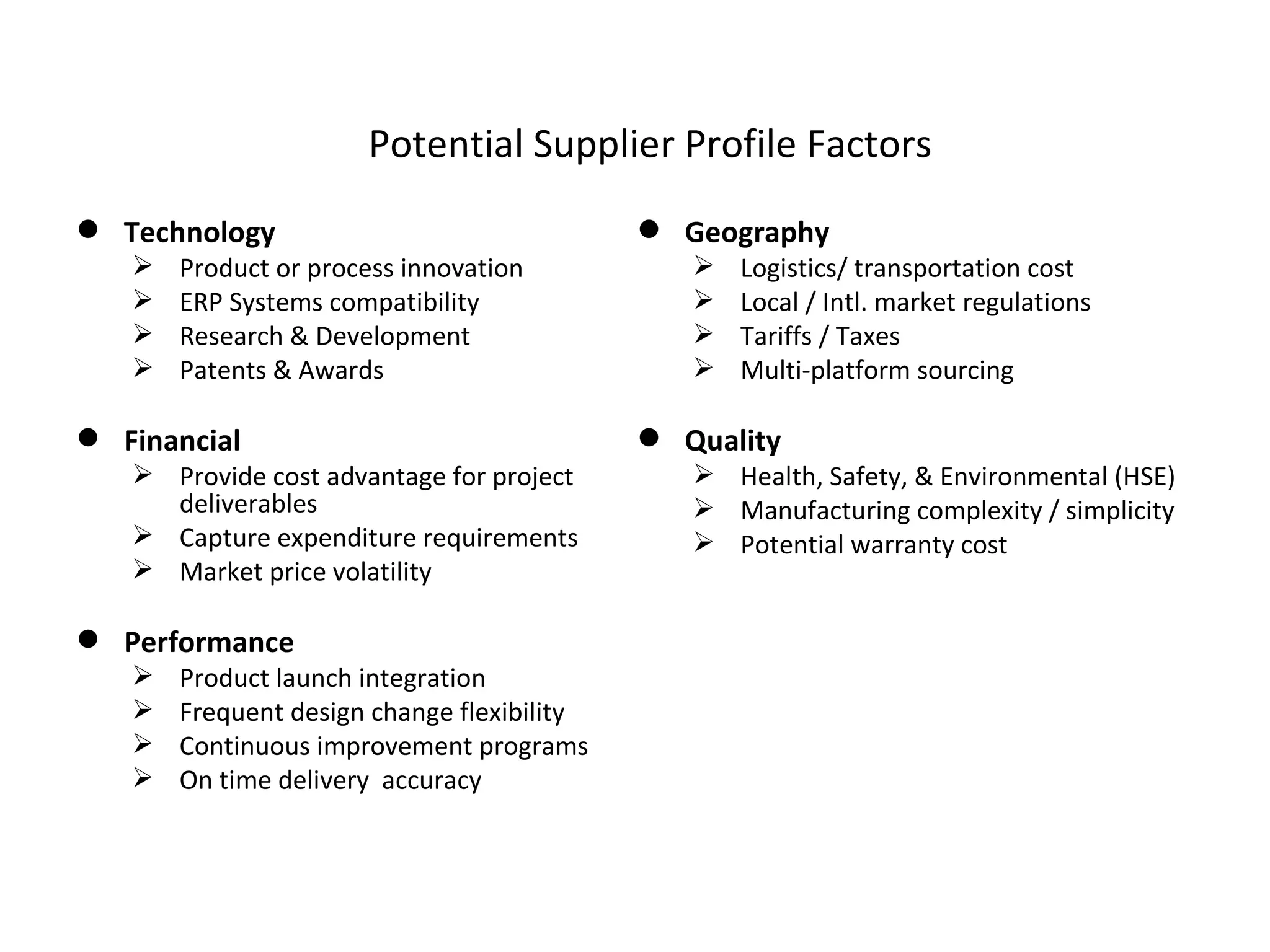 Potential Supplier Profile Factors  Technology  Product or process innovation ERP Systems compatibility  Research & Development  Patents & Awards Financial  Provide cost advantage for project deliverables Capture expenditure requirements  Market price volatility Performance Product launch integration  Frequent design change flexibility  Continuous improvement programs On time delivery  accuracy  Geography Logistics/ transportation cost Local / Intl. market regulations Tariffs / Taxes  Multi-platform sourcing  Quality  Health, Safety, & Environmental (HSE) Manufacturing complexity / simplicity Potential warranty cost  