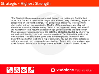 Strategic – Highest Strength “ The Strategic theme enables you to sort through the clutter and find the best route. It is not a skill that can be taught. It is a distinct way of thinking, a special perspective on the world at large. This perspective allows you to see patterns where others simply see complexity. Mindful of these patterns, you play out alternative scenarios, always asking, &quot;What if this happened? Okay, well what if this happened?&quot; This recurring question helps you see around the next corner. There you can evaluate accurately the potential obstacles. Guided by where you see each path leading, you start to make selections. You discard the paths that lead nowhere. You discard the paths that lead straight into resistance. You discard the paths that lead into a fog of confusion. You cull and make selections until you arrive at the chosen path-your strategy. Armed with your strategy, you strike forward. This is your Strategic theme at work: &quot;What if?&quot; Select. Strike.” 