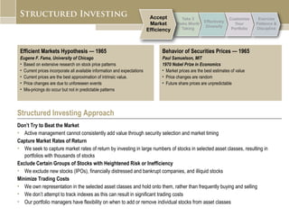 Structured Investing Approach Don’t Try to Beat the Market Active management cannot consistently add value through security selection and market timing Capture Market Rates of Return We seek to capture market rates of return by investing in large numbers of stocks in selected asset classes, resulting in portfolios with thousands of stocks Exclude Certain Groups of Stocks with Heightened Risk or Inefficiency We exclude new stocks (IPOs), financially distressed and bankrupt companies, and illiquid stocks  Minimize Trading Costs We own representation in the selected asset classes and hold onto them, rather than frequently buying and selling  We don’t attempt to track indexes as this can result in significant trading costs Our portfolio managers have flexibility on when to add or remove individual stocks from asset classes Efficient Markets Hypothesis — 1965 Eugene F. Fama, University of Chicago Based on extensive research on stock price patterns Current prices incorporate all available information and expectations Current prices are the best approximation of intrinsic value. Price changes are due to unforeseen events Mis-pricings do occur but not in predictable patterns Behavior of Securities Prices — 1965 Paul Samuelson, MIT  1970 Nobel Prize in Economics Market prices are the best estimates of value Price changes are random Future share prices are unpredictable 