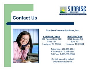 Contact Us

                Sunrise Communications, Inc.

               Corporate Office       Houston Office
           ...