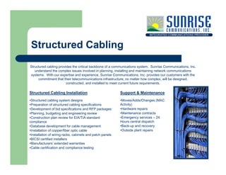 Structured Cabling
Structured cabling provides the critical backbone of a communications system. Sunrise Communications, I...