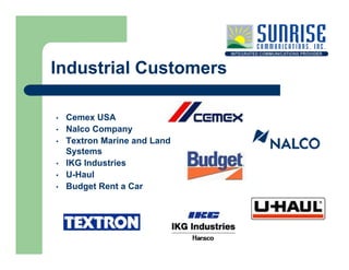 Industrial Customers

    Cemex USA
•
    Nalco Company
•
    Textron Marine and Land
•
    Systems
    IKG Industries
•
 ...