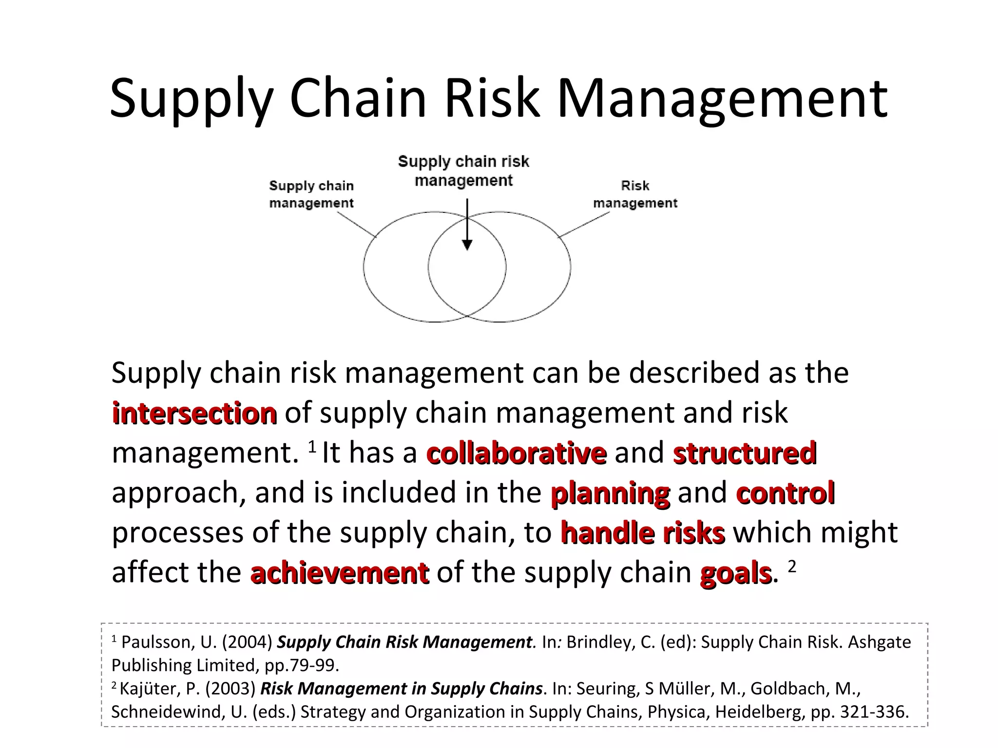 Supply Chain Risk Management Supply chain risk management can be described as the  intersection  of supply chain management and risk management.  1  It has a  collaborative  and  structured  approach, and is included in the  planning  and  control  processes of the supply chain, to  handle risks  which might affect the  achievement  of the supply chain  goals .  2 1  Paulsson, U. (2004)  Supply Chain Risk Management .  In :  Brindley, C. (ed): Supply Chain Risk. Ashgate  Publishing Limited, pp.79-99. 2  Kajüter, P. (2003)  Risk Management in Supply Chains . In: Seuring, S Müller, M.,  Goldbach, M., Schneidewind, U. (eds.) Strategy and Organization in  Supply Chains, Physica, Heidelberg, pp. 321-336. 