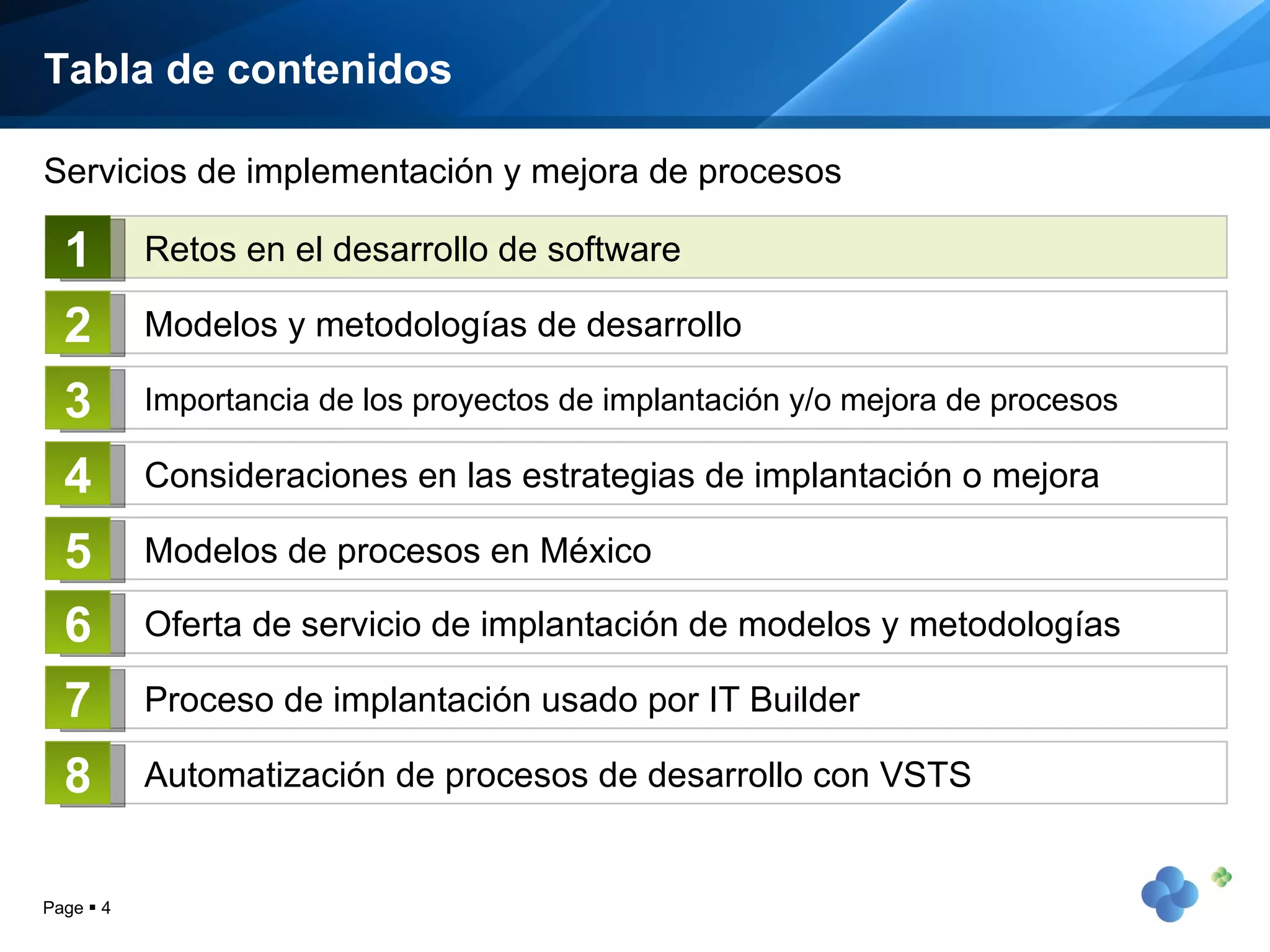 Tabla de contenidos Page     Servicios de implementación y mejora de procesos Retos en el desarrollo de software Modelos y metodologías de desarrollo Importancia de los proyectos de implantación y/o mejora de procesos Consideraciones en las estrategias de implantación o mejora Modelos de procesos en México 1 2 3 4 5 Oferta de servicio de implantación de modelos y metodologías  Proceso de implantación usado por IT Builder Automatización de procesos de desarrollo con VSTS 6 7 8 
