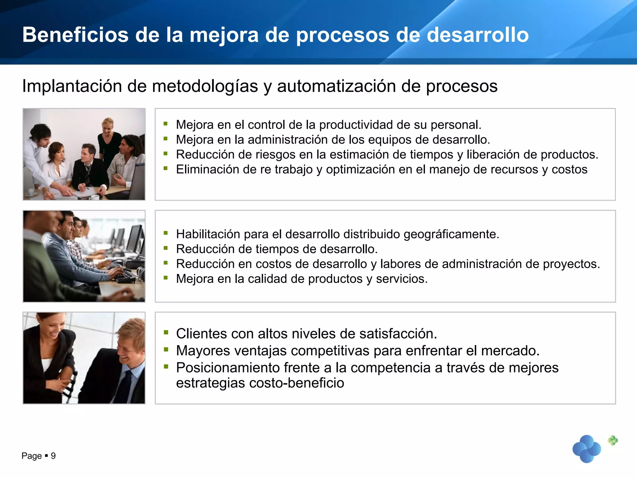 Beneficios de la mejora de procesos de desarrollo Page     Mejora en el control de la productividad de su personal. Mejora en la administración de los equipos de desarrollo. Reducción de riesgos en la estimación de tiempos y liberación de productos. Eliminación de re trabajo y optimización en el manejo de recursos y costos Habilitación para el desarrollo distribuido geográficamente. Reducción de tiempos de desarrollo. Reducción en costos de desarrollo y labores de administración de proyectos. Mejora en la calidad de productos y servicios. Clientes con altos niveles de satisfacción. Mayores ventajas competitivas para enfrentar el mercado. Posicionamiento frente a la competencia a través de mejores estrategias costo-beneficio Implantación de metodologías y automatización de procesos 