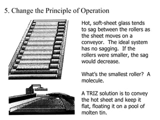 5. Change the Principle of Operation Hot, soft-sheet glass tends to sag between the rollers as the sheet moves on a conveyor.  The ideal system has no sagging.  If the rollers were smaller, the sag would decrease. What’s the smallest roller?  A molecule.  A TRIZ solution is to convey the hot sheet and keep it flat, floating it on a pool of molten tin. 