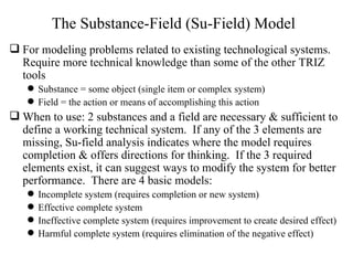 The Substance-Field (Su-Field) Model For modeling problems related to existing technological systems. Require more technical knowledge than some of the other TRIZ tools Substance = some object (single item or complex system) Field = the action or means of accomplishing this action When to use: 2 substances and a field are necessary & sufficient to define a working technical system.  If any of the 3 elements are missing, Su-field analysis indicates where the model requires completion & offers directions for thinking.  If the 3 required elements exist, it can suggest ways to modify the system for better performance.  There are 4 basic models: Incomplete system (requires completion or new system) Effective complete system Ineffective complete system (requires improvement to create desired effect) Harmful complete system (requires elimination of the negative effect) 
