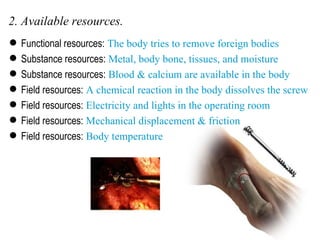 2. Available resources. Functional resources:  The body tries to remove foreign bodies Substance resources:  Metal, body bone, tissues, and moisture Substance resources:  Blood & calcium are available in the body Field resources:  A chemical reaction in the body dissolves the screw Field resources:  Electricity and lights in the operating room  Field resources:  Mechanical displacement & friction Field resources:  Body temperature 