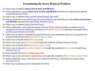 Formulating the Screw Removal Problem 1a. Find a way to enhance [ heal crack in bone and fill hole ]. 1b. Find an alternative way of [ heal crack in bone and fill hole ] that does not require [ bone growth around threads and shaft ]. 2a. Find a way to enhance [ bone growth around threads and shaft ]. 2b. Find an alternative way of [ bone growth around threads and shaft ] that provides [ heal crack in bone and fill hole ] and does not cause [ large frictional force ]. 3a. Find a way to enhance [ large frictional force ]. 3b. Find an alternative way to provide [ large frictional force ], which provides or enhances [ screw integrated into bone ], which does not cause [ screwdriver slips in slot ] and does not require [ bone growth around threads and shaft ]. 3c. Find a way to resolve contradiction: [ large frictional force ] should provide [ screw integrated into bone ] and should not cause [ screwdriver slips in slot ]. 4a. Find a way to benefit from [ slot is rounded ]. 4b. Find a way to prevent [ slot is rounded ] under the condition of [ large frictional force ]. 5a. Find a way to benefit from [ screwdriver slips in slot ]. 5b. Find a way to prevent [ screwdriver slips in slot ] under the condition [ slot is rounded ] and [ large frictional forces ]. 6a. Find a benefit from [ screw cannot turn out ]. 6b. Find a way to prevent [ screw cannot turn out ] under the condition of [ screwdriver slips in slot ]. 7a. Find an alternative way to provide [ screw integrated into bone ], which does not require [ large frictional force ]. 7b. Find a way to enhance [ screw integrated into bone ]. 