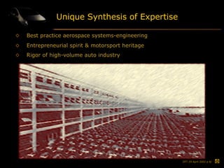 Unique Synthesis of Expertise Best practice aerospace systems-engineering Rigor of high-volume auto industry Entrepreneurial spirit & motorsport heritage 