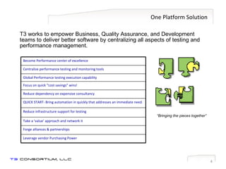 One Platform Solution T3 works to empower Business, Quality Assurance, and Development teams to deliver better software by centralizing all aspects of testing and performance management.  “ Bringing the pieces together” Become Performance center of excellence Centralize performance testing and monitoring tools Global Performance testing execution capability Focus on quick “cost savings” wins! Reduce dependency on expensive consultancy QUICK START- Bring automation in quickly that addresses an immediate need. Reduce infrastructure support for testing Take a ‘value’ approach and network it Forge alliances & partnerships Leverage vendor Purchasing Power 