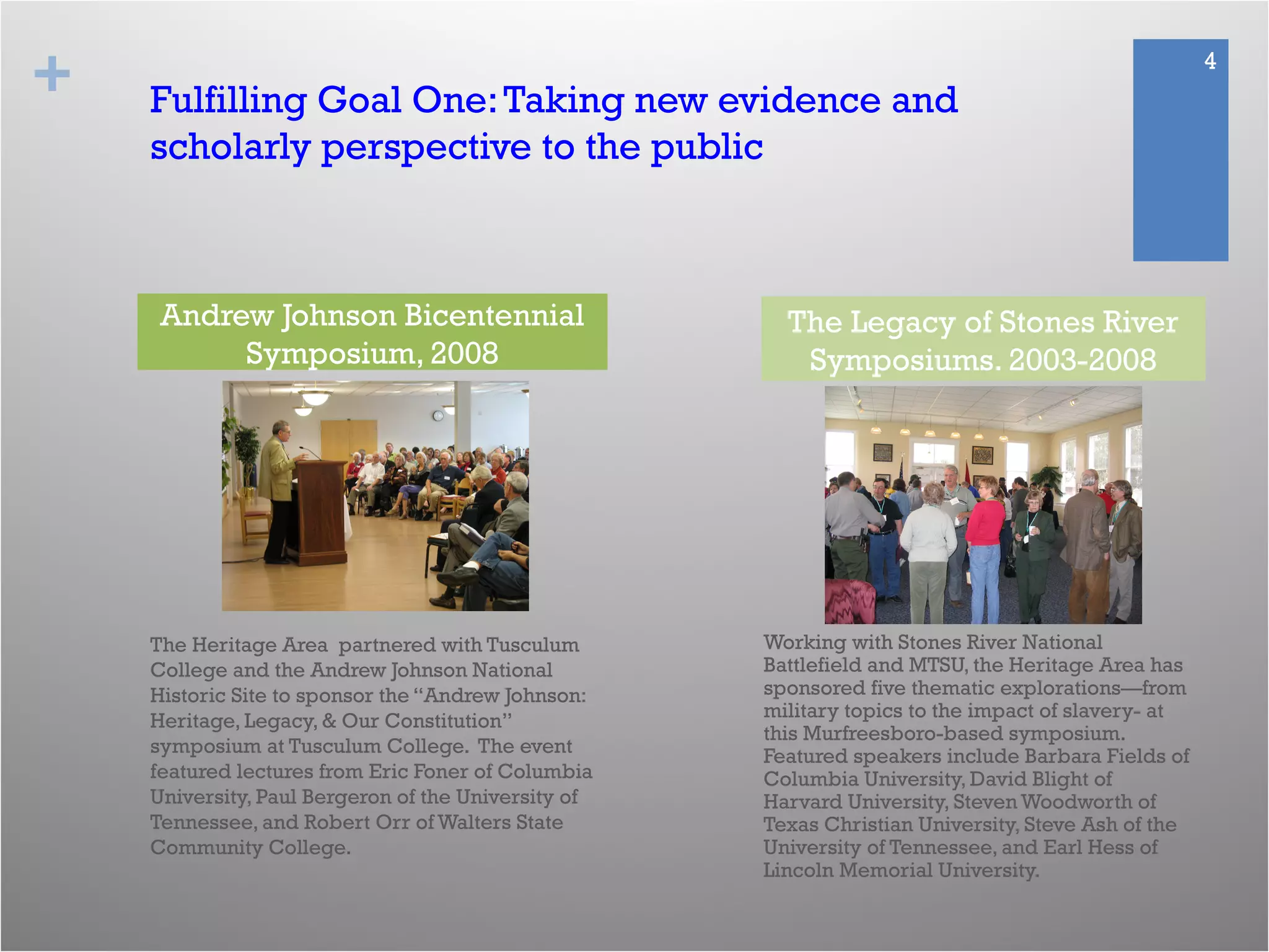 + 4
Fulfilling Goal One:Taking new evidence and
scholarly perspective to the public
The Heritage Area partnered with Tusculum
College and the Andrew Johnson National
Historic Site to sponsor the “Andrew Johnson:
Heritage, Legacy, & Our Constitution”
symposium at Tusculum College. The event
featured lectures from Eric Foner of Columbia
University, Paul Bergeron of the University of
Tennessee, and Robert Orr of Walters State
Community College.
Working with Stones River National
Battlefield and MTSU, the Heritage Area has
sponsored five thematic explorations—from
military topics to the impact of slavery- at
this Murfreesboro-based symposium.
Featured speakers include Barbara Fields of
Columbia University, David Blight of
Harvard University, Steven Woodworth of
Texas Christian University, Steve Ash of the
University of Tennessee, and Earl Hess of
Lincoln Memorial University.
Andrew Johnson Bicentennial
Symposium, 2008
The Legacy of Stones River
Symposiums. 2003-2008
 