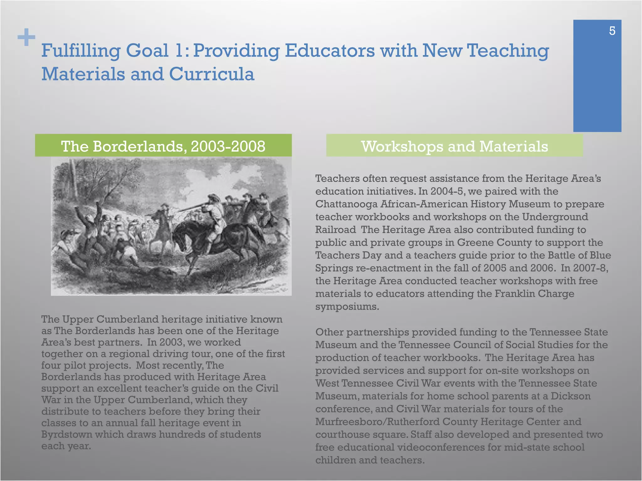 + 5
Fulfilling Goal 1: Providing Educators with New Teaching
Materials and Curricula
The Upper Cumberland heritage initiative known
as The Borderlands has been one of the Heritage
Area’s best partners. In 2003, we worked
together on a regional driving tour, one of the first
four pilot projects. Most recently,The
Borderlands has produced with Heritage Area
support an excellent teacher’s guide on the Civil
War in the Upper Cumberland, which they
distribute to teachers before they bring their
classes to an annual fall heritage event in
Byrdstown which draws hundreds of students
each year.
Teachers often request assistance from the Heritage Area’s
education initiatives. In 2004-5, we paired with the
Chattanooga African-American History Museum to prepare
teacher workbooks and workshops on the Underground
Railroad The Heritage Area also contributed funding to
public and private groups in Greene County to support the
Teachers Day and a teachers guide prior to the Battle of Blue
Springs re-enactment in the fall of 2005 and 2006. In 2007-8,
the Heritage Area conducted teacher workshops with free
materials to educators attending the Franklin Charge
symposiums.
Other partnerships provided funding to the Tennessee State
Museum and the Tennessee Council of Social Studies for the
production of teacher workbooks. The Heritage Area has
provided services and support for on-site workshops on
West Tennessee Civil War events with the Tennessee State
Museum, materials for home school parents at a Dickson
conference, and Civil War materials for tours of the
Murfreesboro/Rutherford County Heritage Center and
courthouse square. Staff also developed and presented two
free educational videoconferences for mid-state school
children and teachers.
The Borderlands, 2003-2008 Workshops and Materials
 