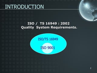 INTRODUCTION ISO /  TS 16949 : 2002  Quality  System Requirements. ISO 9001 ISO/TS 16949 