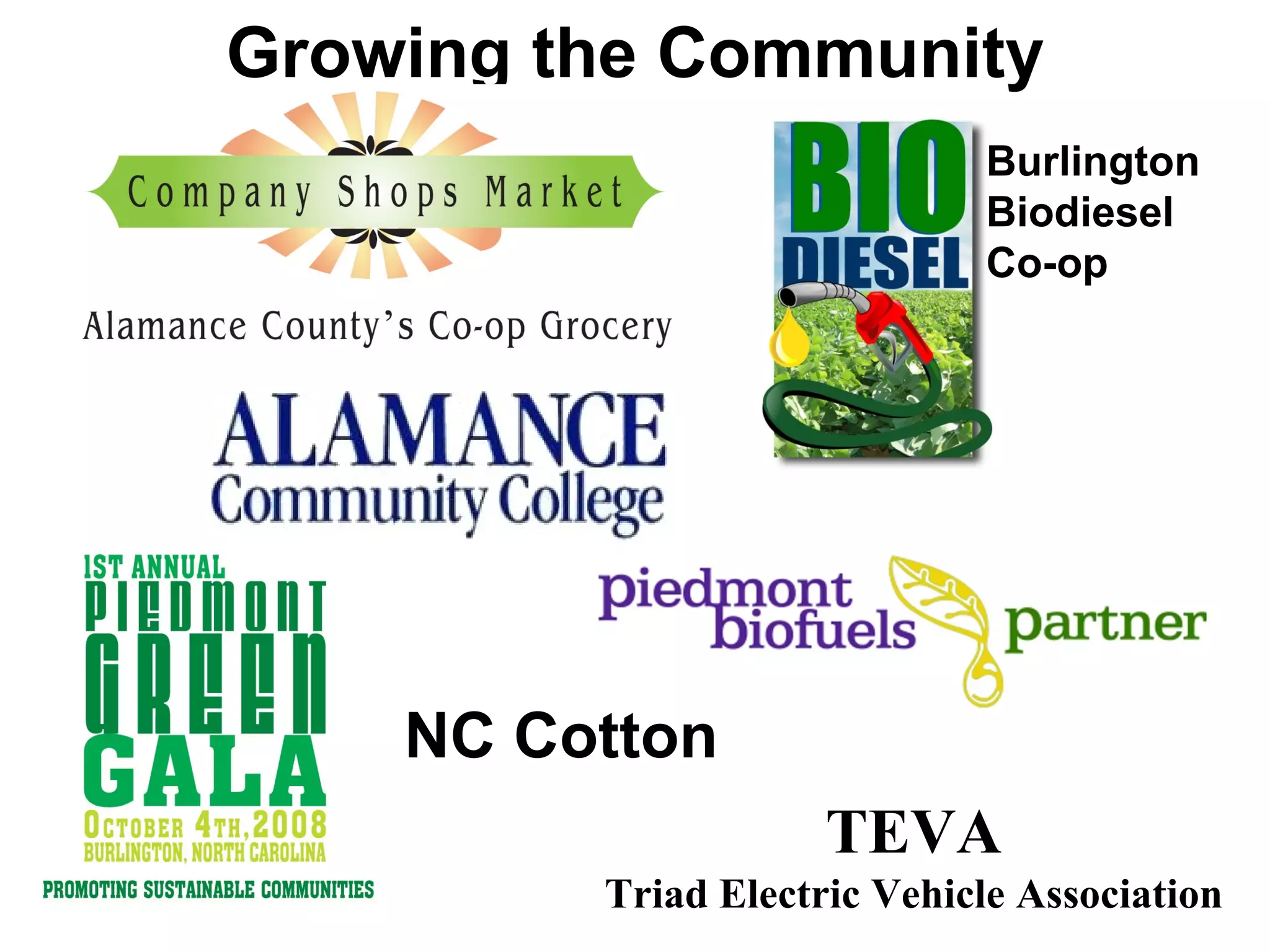 Growing the Community TEVA Triad Electric Vehicle Association NC Cotton Burlington Biodiesel Co-op