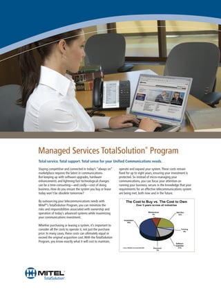 ®
Managed Services TotalSolution Program
Total service. Total support. Total sense for your Unified Communications needs.

Staying competitive and connected in today’s “always on”       operate and expand your system. These costs remain
marketplace requires the latest in communications.             fixed for up to eight years, ensuring your investment is
But keeping up with software upgrades, hardware                protected. So instead of micro-managing your
enhancements and lightning-fast technological changes          communications, you can focus your attention on
can be a time-consuming—and costly—cost of doing               running your business, secure in the knowledge that your
business. How do you ensure the system you buy or lease        requirements for an effective telecommunications system
today won’t be obsolete tomorrow?                              are being met, both now and in the future.

By outsourcing your telecommunications needs with
Mitel®’s TotalSolution Program, you can minimize the
risks and responsibilities associated with ownership and
operation of today’s advanced systems while maximizing
your communications investment.

Whether purchasing or leasing a system, it’s important to
consider all the costs to operate it, not just the purchase
price. In many cases, these costs can ultimately equal or
exceed the original acquisition cost. With the TotalSolution
Program, you know exactly what it will cost to maintain,
 