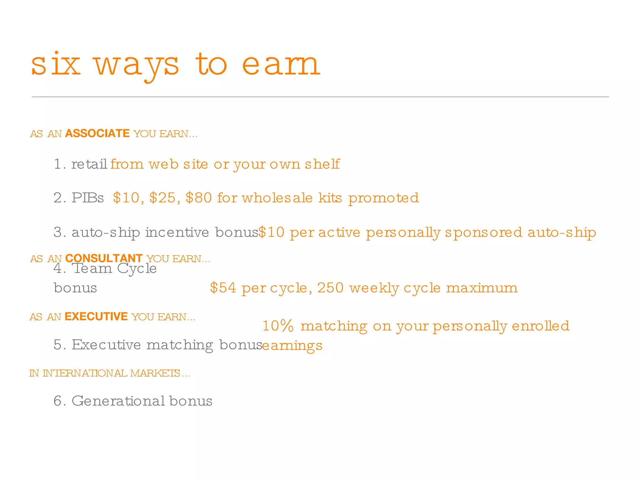 six ways to earn 1. retail 2. PIBs 3. auto-ship incentive bonus 4. Team Cycle bonus AS AN  ASSOCIATE  YOU EARN... from web site or your own shelf 5. Executive matching bonus AS AN  CONSULTANT  YOU EARN... $10 per active personally sponsored auto-ship AS AN  EXECUTIVE  YOU EARN... $10, $25, $80 for wholesale kits promoted $54 per cycle, 250 weekly cycle maximum 10% matching on your personally enrolled earnings 6. Generational bonus IN INTERNATIONAL MARKETS... 