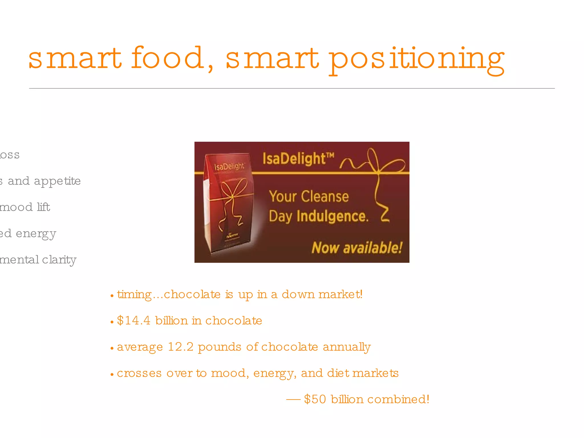 smart food, smart positioning •   weight loss •   cravings and appetite •   natural mood lift •   increased energy  •   natural mental clarity •   timing...chocolate is up in a down market! •   $14.4 billion in chocolate •   average 12.2 pounds of chocolate annually •   crosses over to mood, energy, and diet markets  —  $50 billion combined! 