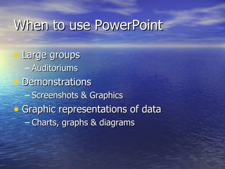When to use PowerPoint Large groups Auditoriums Demonstrations Screenshots & Graphics Graphic representations of data Charts, graphs & diagrams 