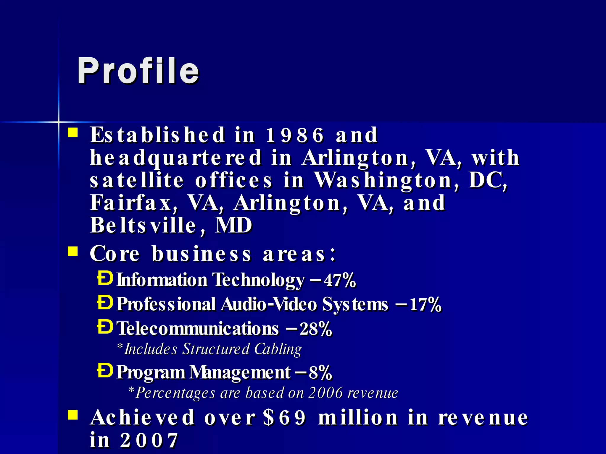 Profile Established in 1986 and headquartered in Arlington, VA, with  satellite offices in Washington, DC,  Fairfax, VA, Arlington, VA, and Beltsville, MD Core business areas: Information Technology – 47% Professional Audio-Video Systems – 17% Telecommunications – 28% *Includes Structured Cabling Program Management – 8% *Percentages are based on 2006 revenue Achieved over $69 million in revenue in 2007 320+ current employees and numerous consultants 