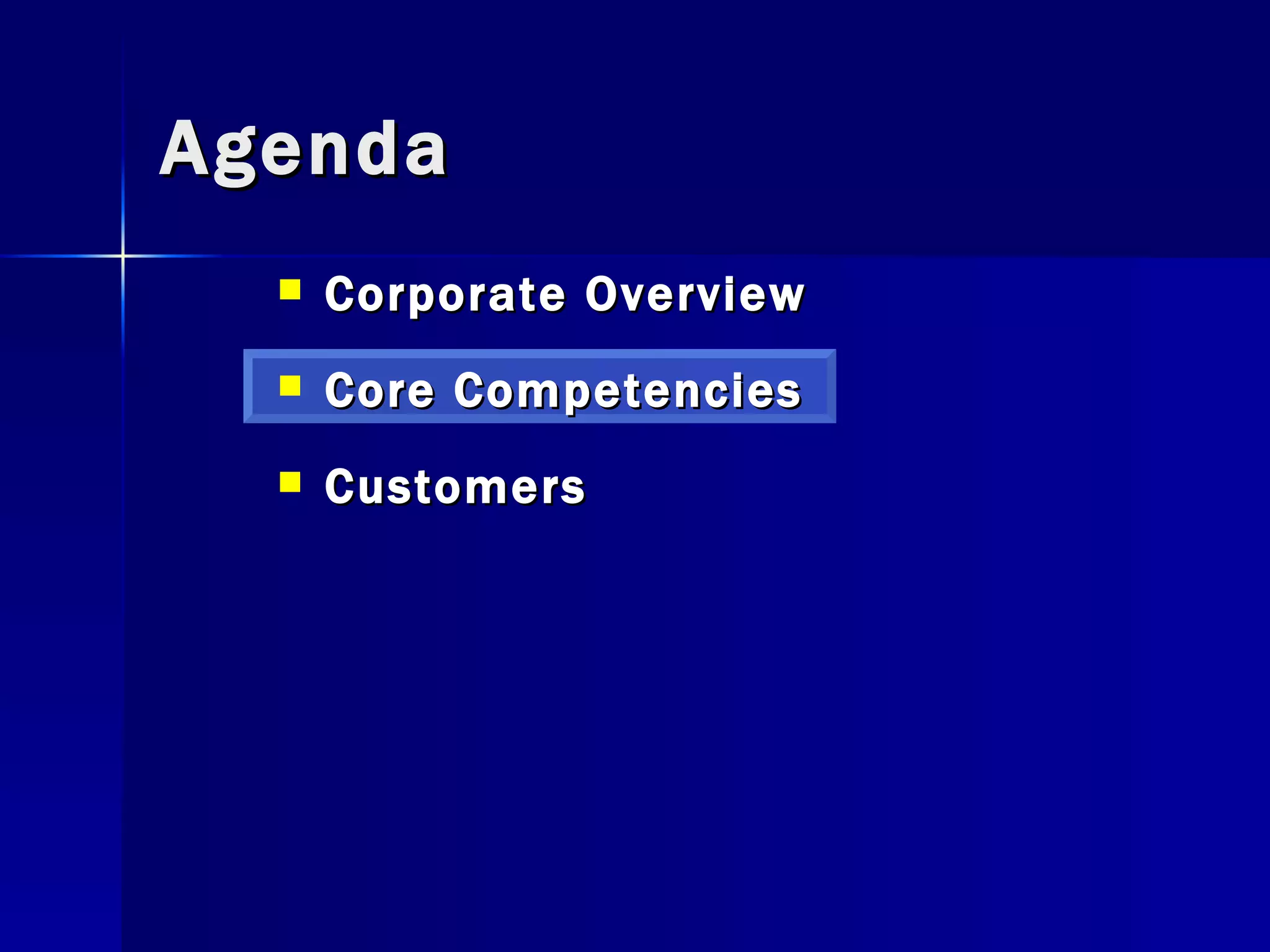 Agenda Corporate Overview Core Competencies Customers 