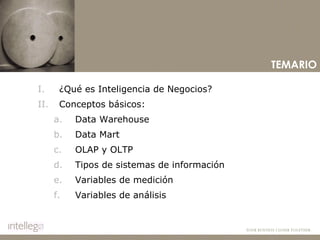 TEMARIO ¿Qué es Inteligencia de Negocios? Conceptos básicos: Data Warehouse Data Mart OLAP y OLTP Tipos de sistemas de información Variables de medición Variables de análisis 