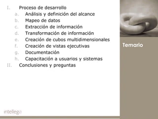 Proceso de desarrollo Análisis y definición del alcance Mapeo de datos Extracción de información Transformación de información Creación de cubos multidimensionales Creación de vistas ejecutivas Documentación Capacitación a usuarios y sistemas Conclusiones y preguntas Temario 