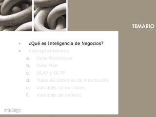 ¿Qué es Inteligencia de Negocios? Conceptos básicos: Data Warehouse Data Mart OLAP y OLTP Tipos de sistemas de información Variables de medición Variables de análisis TEMARIO 